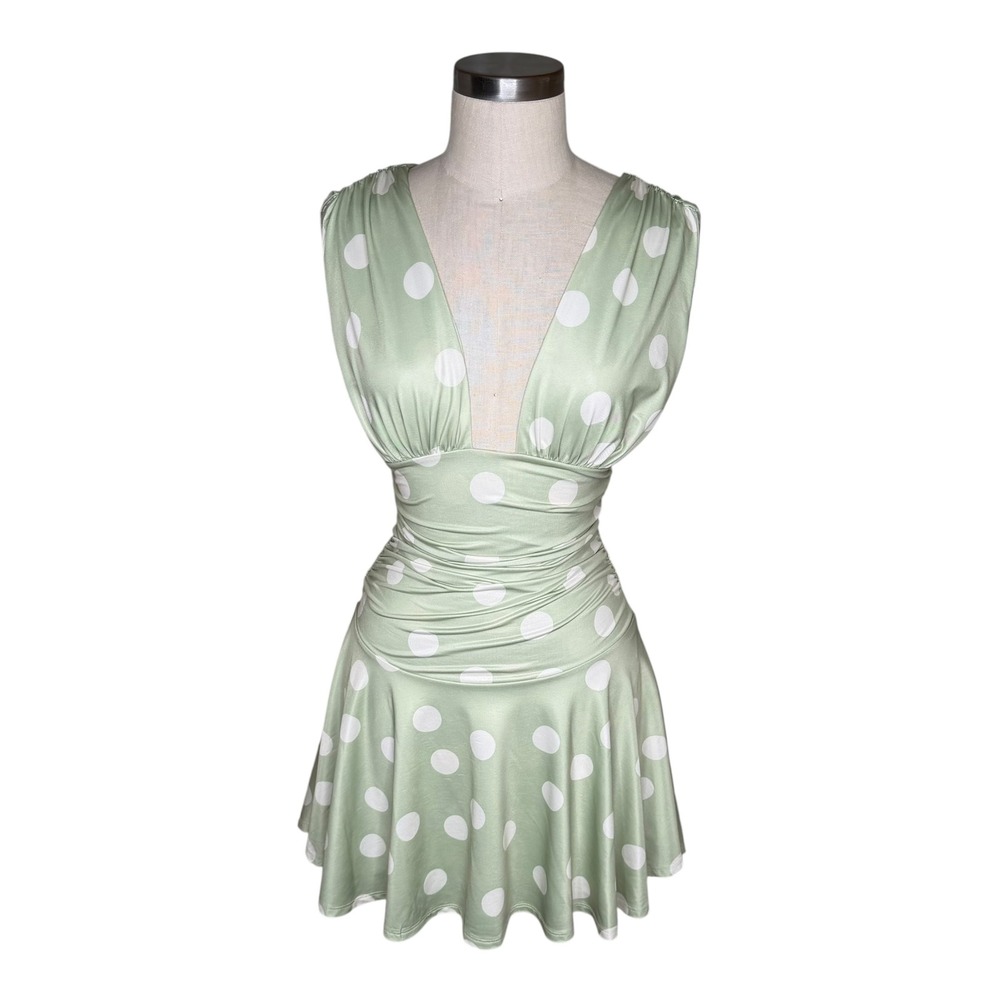 FREE PEOPLE Annabelle Dress Sage Green Polka Dot Ruched Mini Women's Size XS